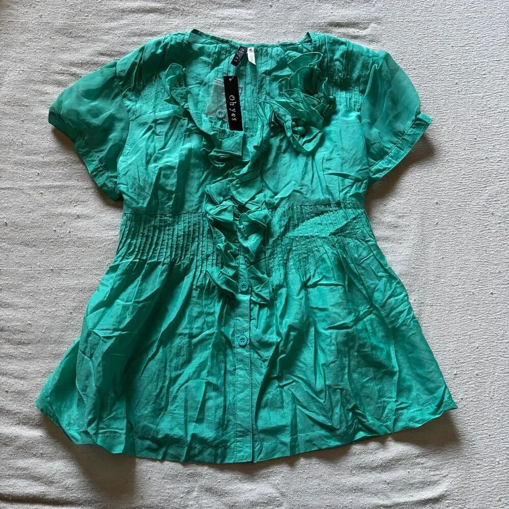 Y2K Silk Blend Black Ruffled Short Sleeve Button-Up